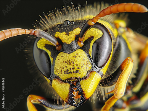 A close up of a yellow and black wasp's face. The yellow and black colors of the wasp's face create a sense of danger and aggression