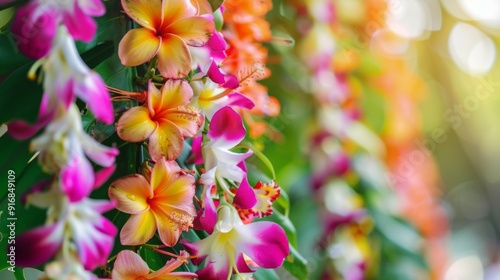 Tropical flower lei garlands close up, Traditional Hawaiian symbol. Lei Day in Hawaii