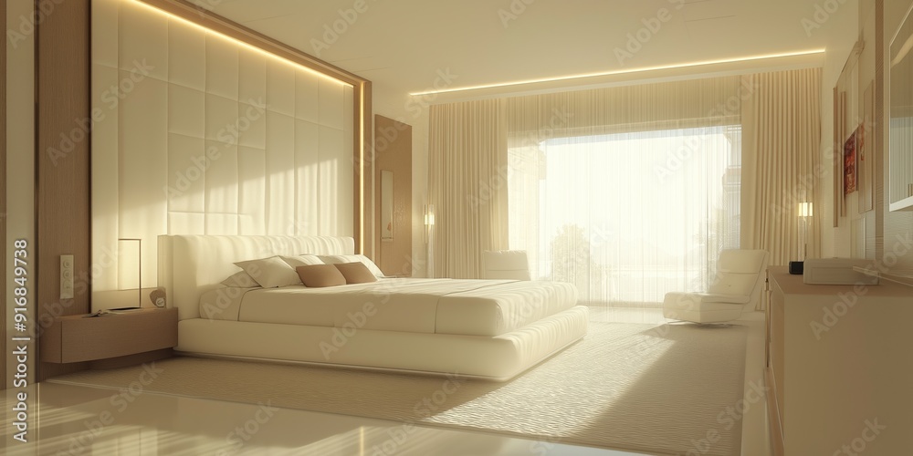 A large white bedroom with a white bed, white curtains, and a white dresser. The room is bright and airy, with a large window letting in plenty of natural light A large white bedroom with a white bed, white curtains, and a white dresser. The room is bright and airy, with a large window letting in plenty of natural light
