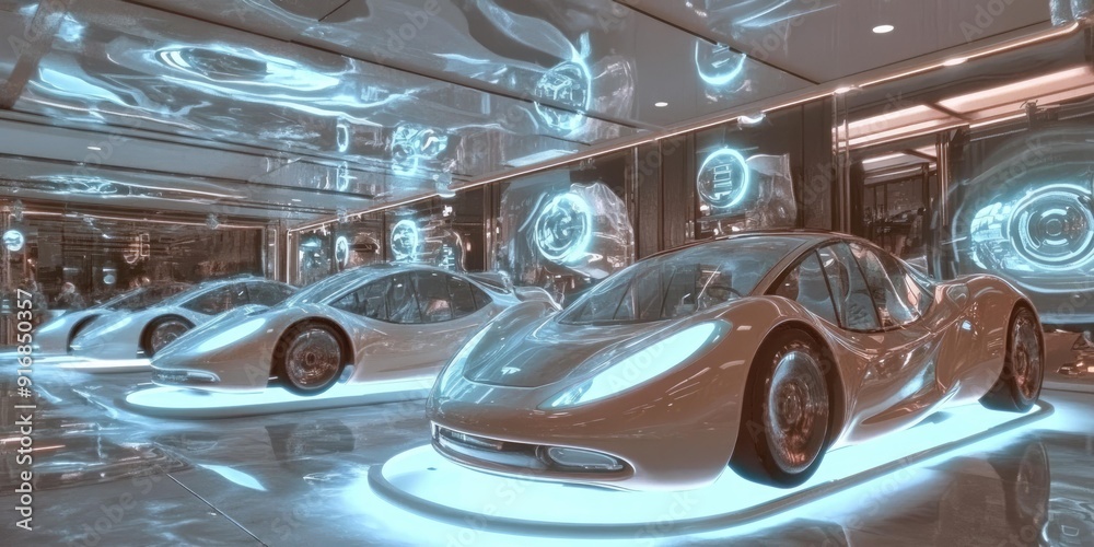 Naklejka premium Futuristic Concept Cars on Display in a High-Tech Garage Setting