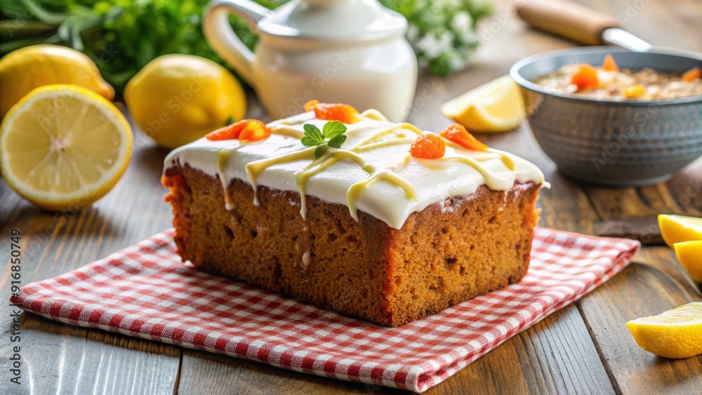 Freshly baked gluten-free carrot cake with cream cheese icing on a tablecloth, accompanied by a refreshing pitcher of lemon water. Freshly baked gluten-free carrot cake with cream cheese icing on a tablecloth, accompanied by a refreshing pitcher of lemon water.