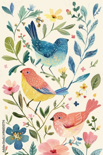 A colorful illustration featuring three birds among flowers and leaves.