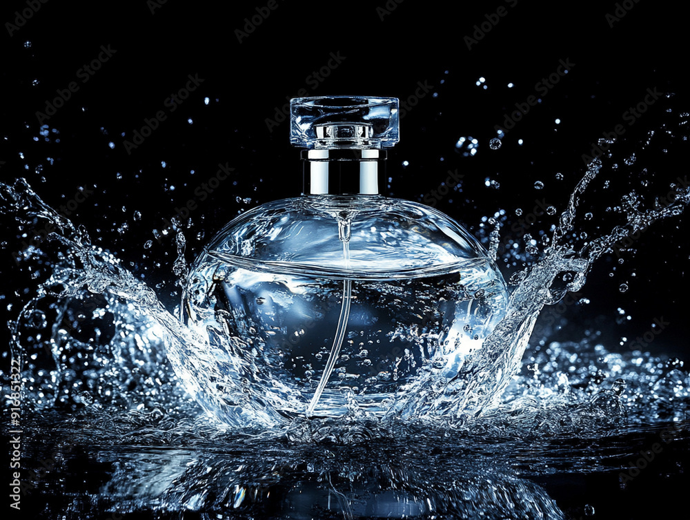 a bottle of perfume that is being splashed with water. a bottle of perfume that is being splashed with water.