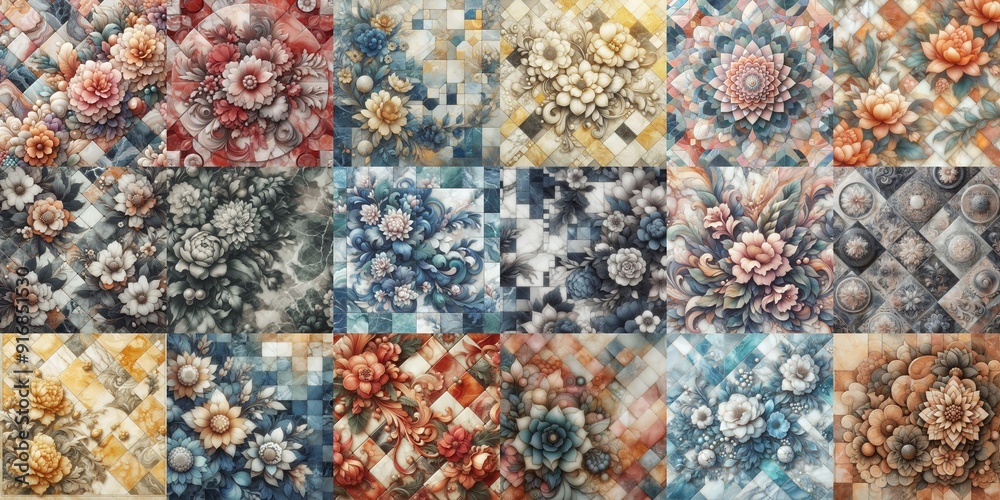 Flowers on marble stone abstraction. AI generated illustration Flowers on marble stone abstraction. AI generated illustration