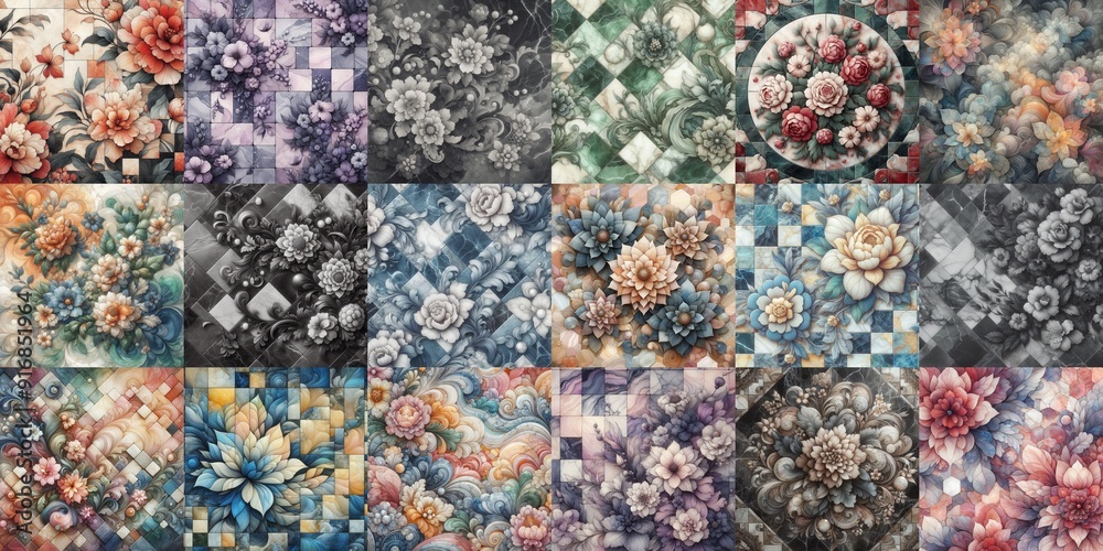 Flowers on marble stone abstraction. AI generated illustration Flowers on marble stone abstraction. AI generated illustration