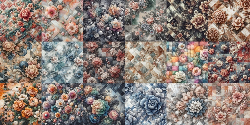 Flowers on marble stone abstraction. AI generated illustration Flowers on marble stone abstraction. AI generated illustration