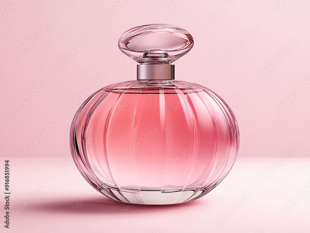 a bottle of pink perfume with a pink background