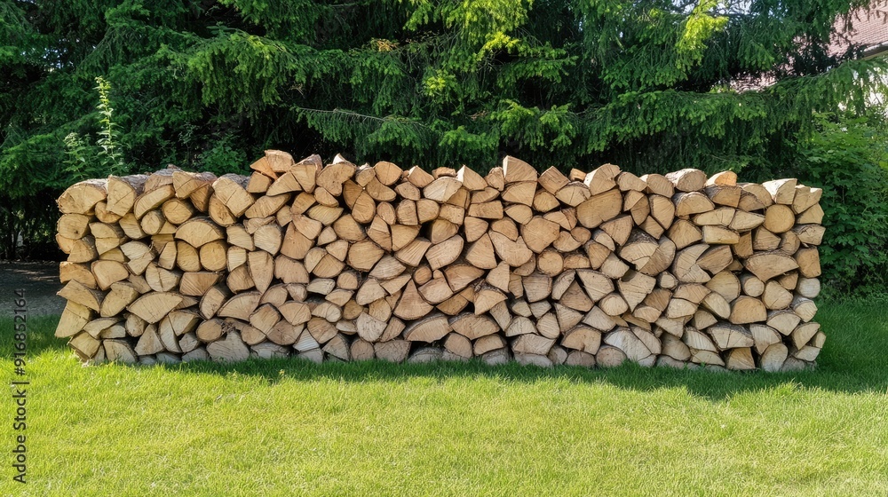A pile of neatly stacked firewood rests on lush green grass surrounded by a blurred forest in bright daylight A pile of neatly stacked firewood rests on lush green grass surrounded by a blurred forest in bright daylight