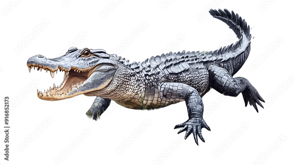 Obraz premium Watercolor drawing of a crocodile breaking out of turf water isolated on transparent background
