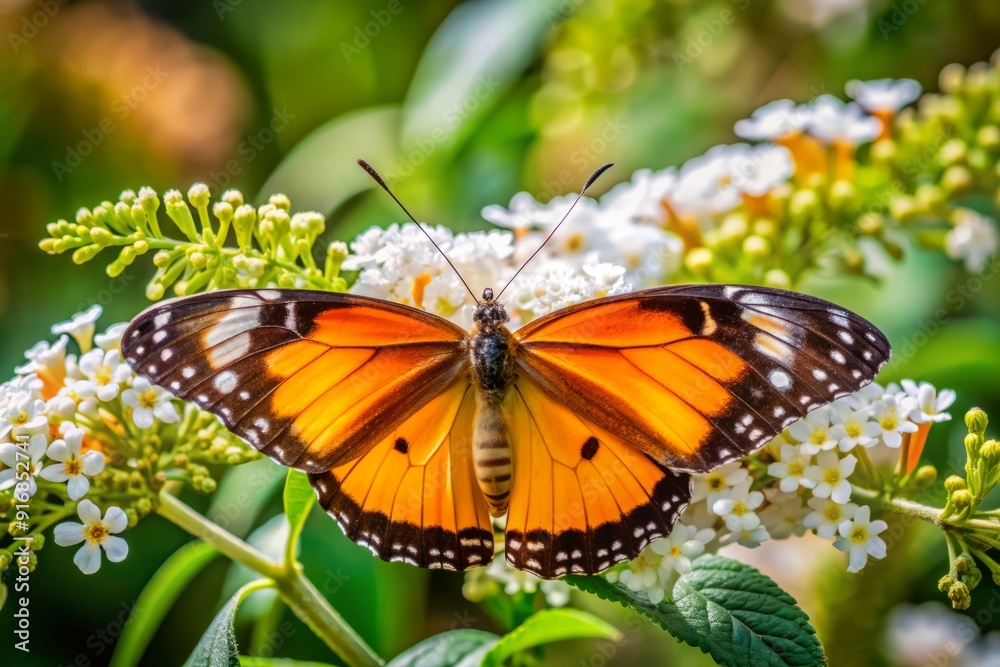 Delicate butterfly with orange and black wings perched on a white Buddleia flower, surrounded by lush green foliage, in a serene garden setting.