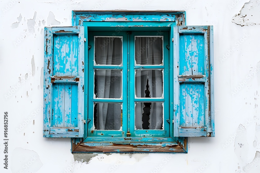 A blue window in the center and a white wall. Traditional greek architecture
