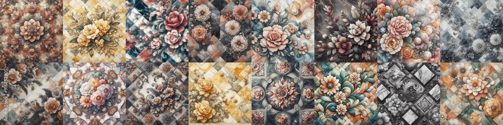 Flowers on marble stone abstraction. AI generated illustration Flowers on marble stone abstraction. AI generated illustration