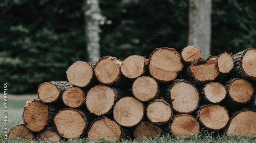 A pile of neatly stacked firewood rests on lush green grass surrounded by a blurred forest in bright daylight A pile of neatly stacked firewood rests on lush green grass surrounded by a blurred forest in bright daylight
