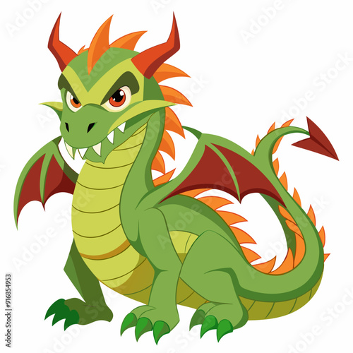 Cartoon Green Dragon with Red Wings and Orange Spikes
