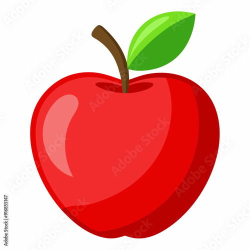 A Red Apple with a Green Leaf and a Brown Stem