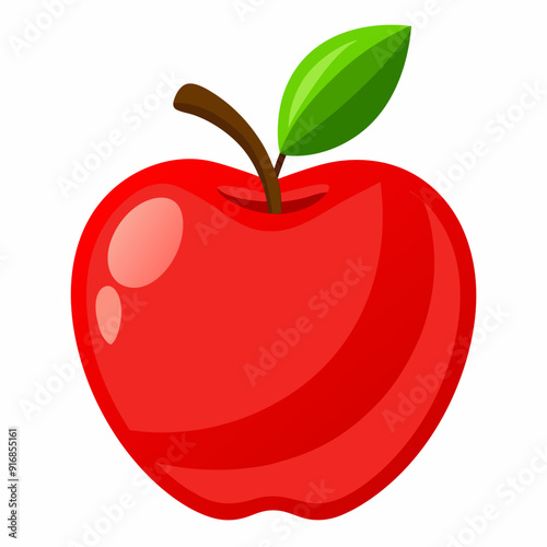 A Red Apple with a Green Leaf and Brown Stem