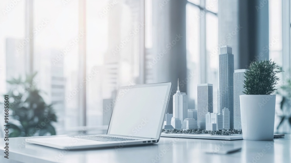 Clean workspace with an open laptop and a futuristic city model Clean workspace with an open laptop and a futuristic city model