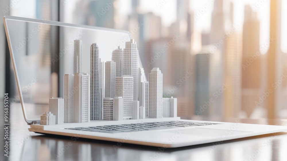 Clean workspace with an open laptop and a futuristic city model Clean workspace with an open laptop and a futuristic city model