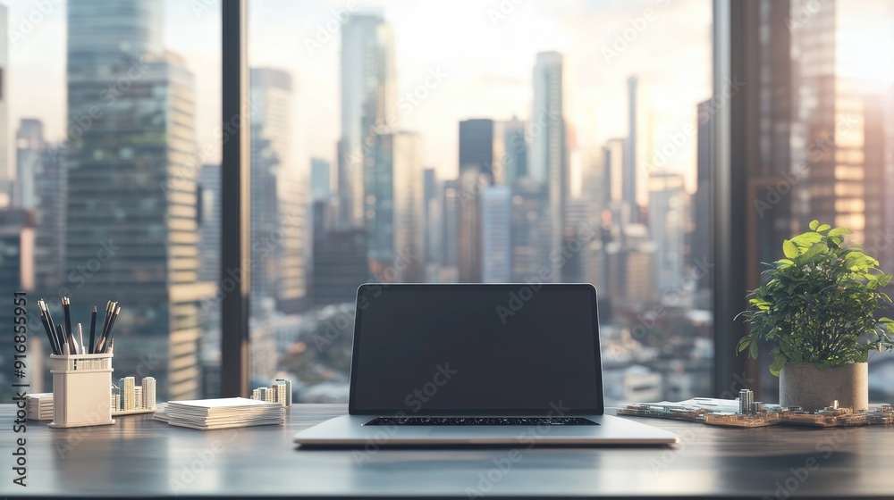 Clean workspace with an open laptop and a futuristic city model Clean workspace with an open laptop and a futuristic city model