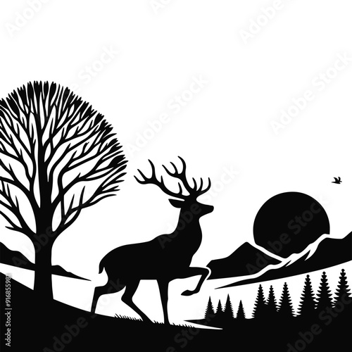 Black silhouette of standing deer on white background of vector illustration