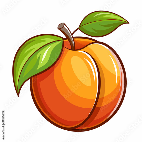 Single Peach with Two Green Leaves on a White Background