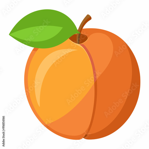 A Single Peach with a Green Leaf on a White Background