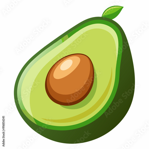Half of an avocado with a pit and a leaf