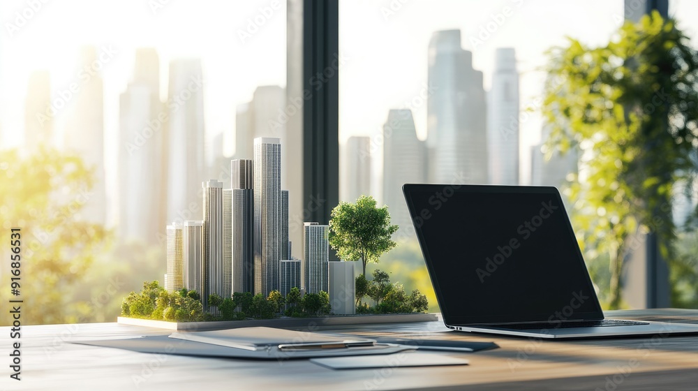 Clean workspace with an open laptop and a futuristic city model Clean workspace with an open laptop and a futuristic city model