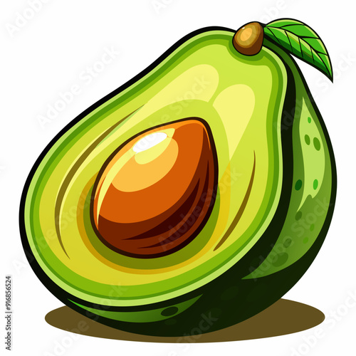 Half of a green avocado with a brown seed and a leaf
