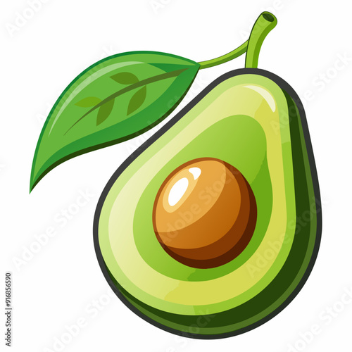 A Halved Avocado with a Pit and Leaf