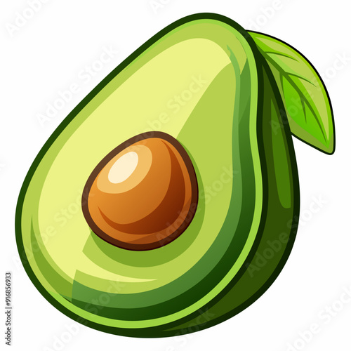 A cartoon illustration of a halved avocado with a seed