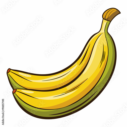 Two Yellow Bananas with Green Peels and Brown Stems