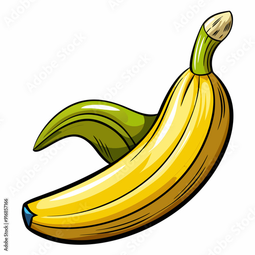 Yellow Banana with Green Leaf on White Background
