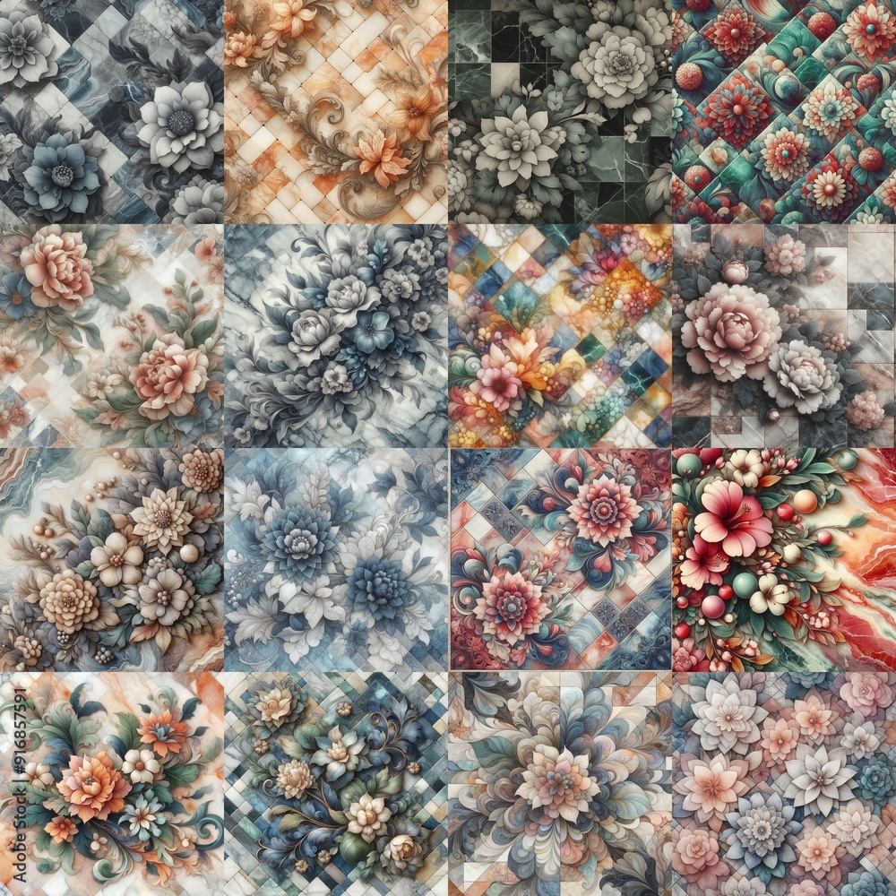 Flowers on marble stone abstraction. AI generated illustration Flowers on marble stone abstraction. AI generated illustration
