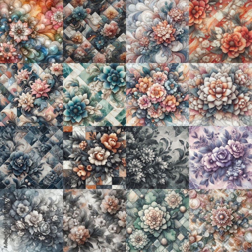 Flowers on marble stone abstraction. AI generated illustration