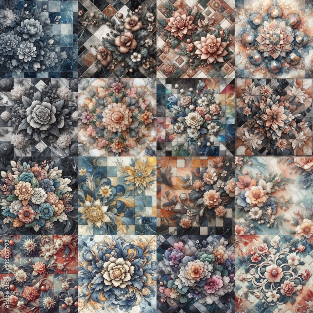 Flowers on marble stone abstraction. AI generated illustration Flowers on marble stone abstraction. AI generated illustration