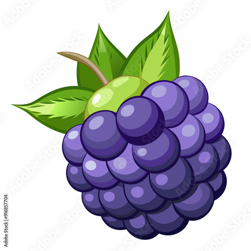 Cartoon Illustration of a Single Blackberry with Green Leaves
