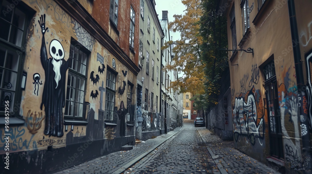 Fototapeta premium Spooky Halloween Street Art: A Chilling Display