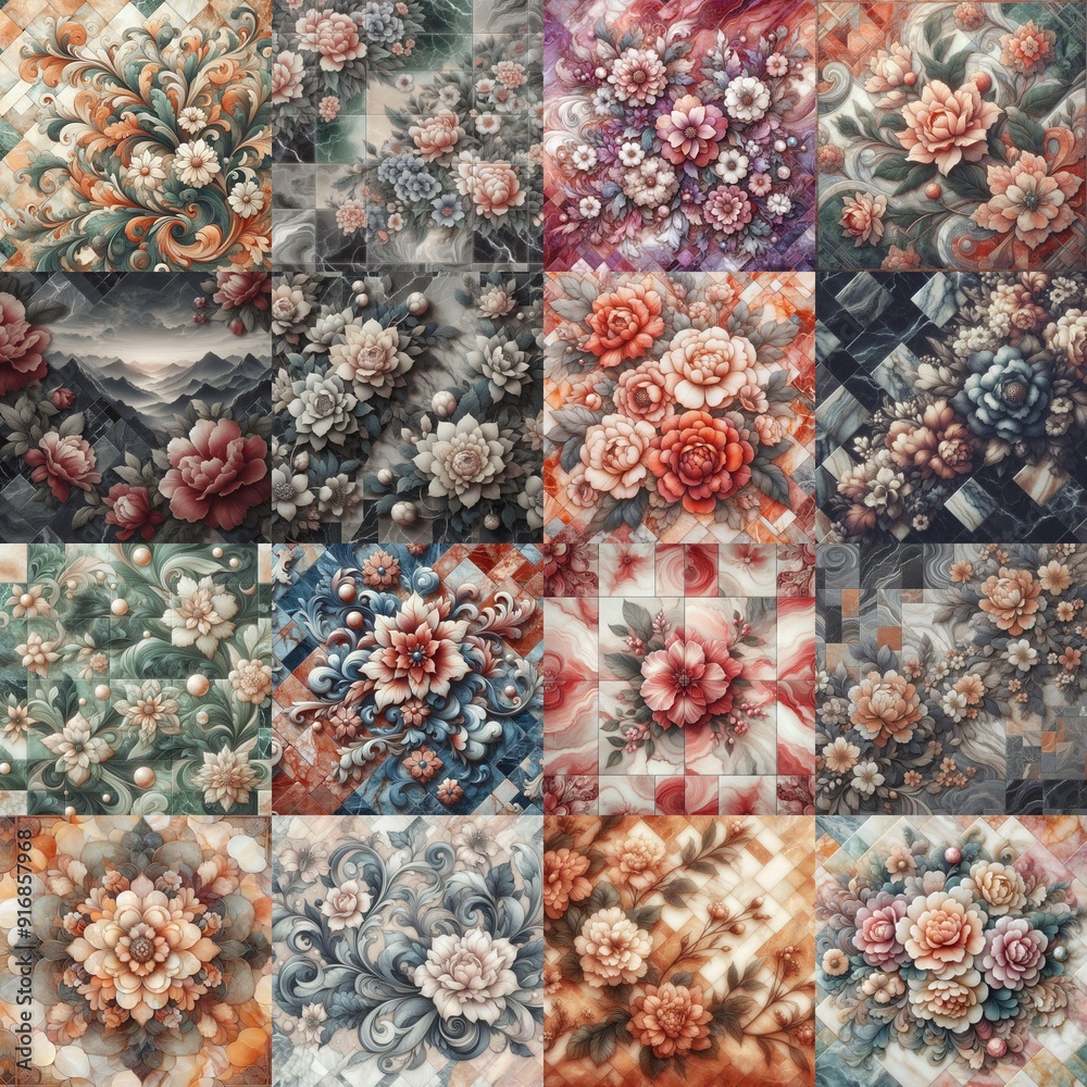Flowers on marble stone abstraction. AI generated illustration Flowers on marble stone abstraction. AI generated illustration