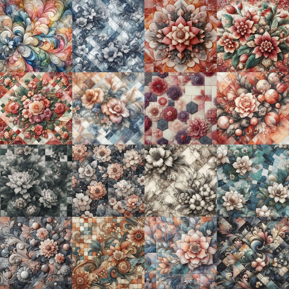 Flowers on marble stone abstraction. AI generated illustration Flowers on marble stone abstraction. AI generated illustration
