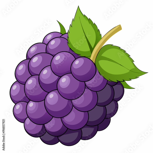 Cartoon Illustration of a Single Blackberry with Green Leaves