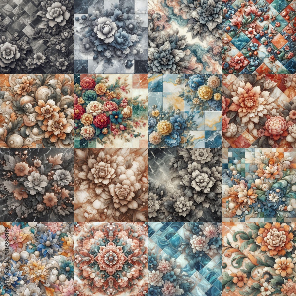 Flowers on marble stone abstraction. AI generated illustration