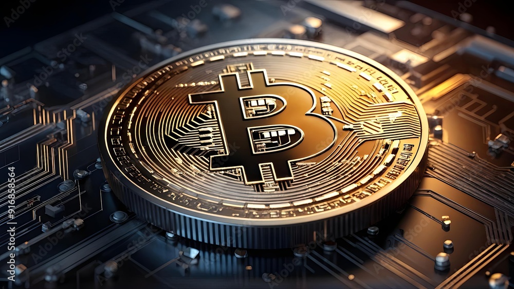 Shiny Bitcoin coin on dark circuit board, metallic hues, digital currency, tech banner. Generative AI Shiny Bitcoin coin on dark circuit board, metallic hues, digital currency, tech banner. Generative AI
