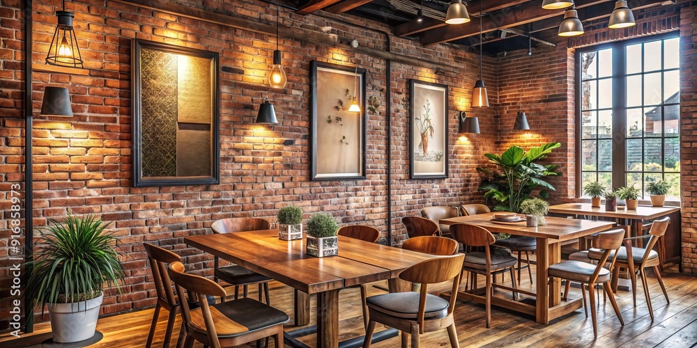 Cozy cafe interior with rustic wooden and brick walls, adorned with a large framed poster, perfect for a professional business lunch gathering in a relaxed atmosphere. Cozy cafe interior with rustic wooden and brick walls, adorned with a large framed poster, perfect for a professional business lunch gathering in a relaxed atmosphere.