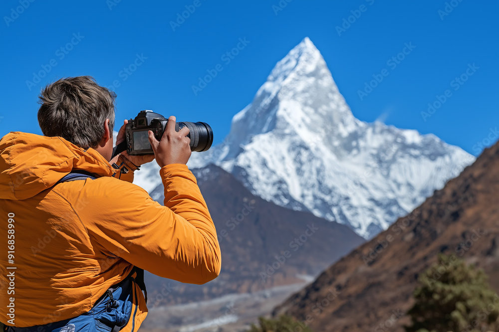 Photographer capturing majestic snow-capped mountain peak. Photographer capturing majestic snow-capped mountain peak.