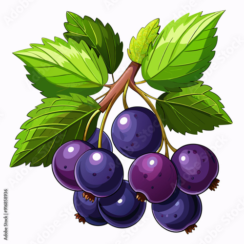 A Bunch of Ripe Black Currants with Green Leaves