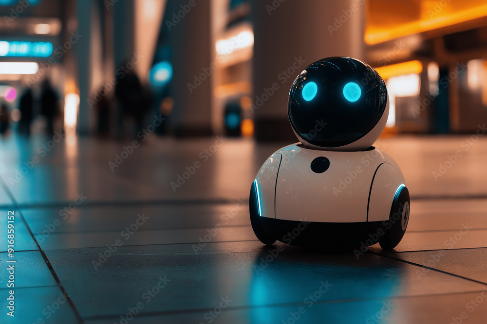 White robot with blue eyes in a modern setting. White robot with blue eyes in a modern setting.