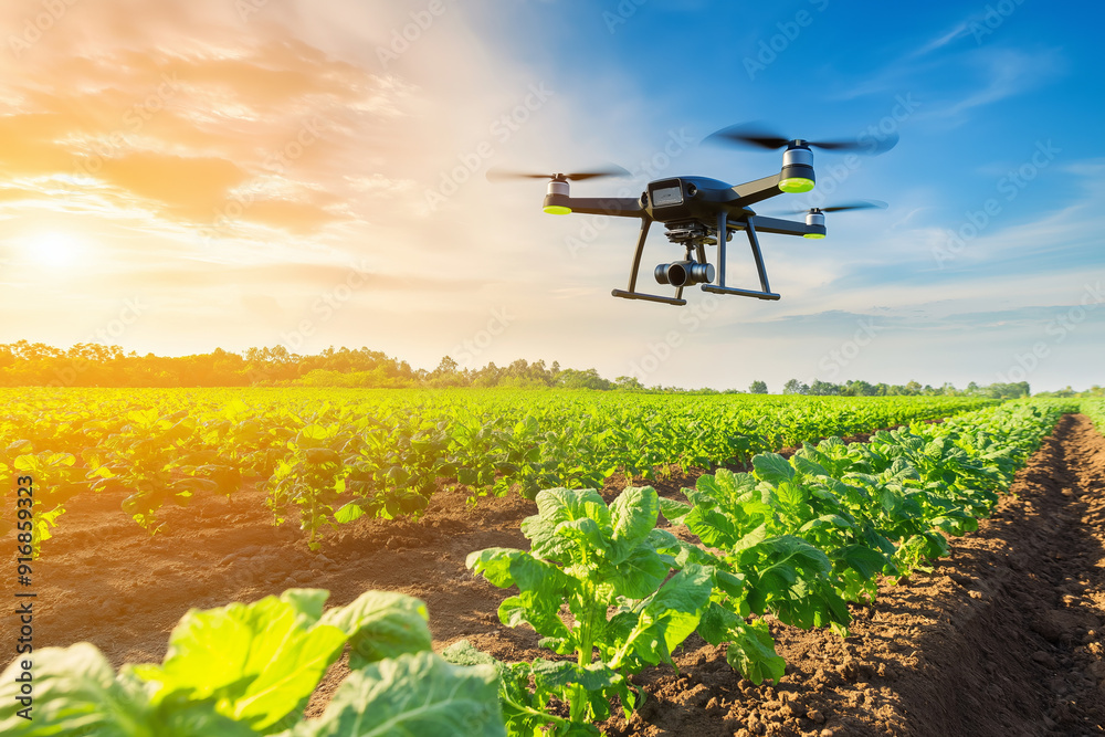 Drone surveying a field of crops at sunset. Drone surveying a field of crops at sunset.