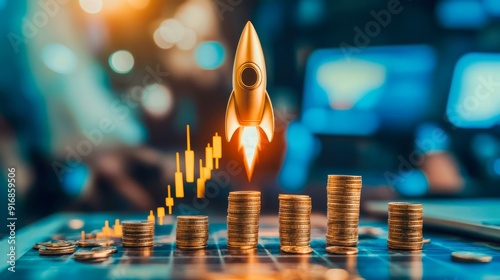 A rocket launch symbolizes financial growth with stacks of coins. Perfect for business or investment themes with a dynamic rise concept.