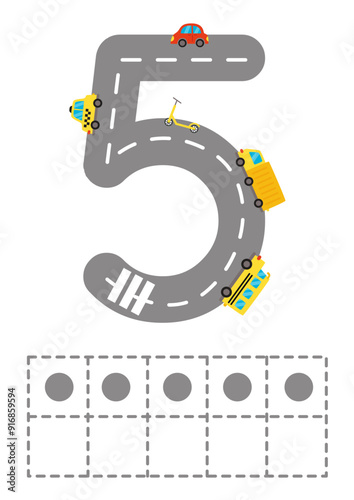Worksheet for kids. Road numbers for kids. Ten frame number 5.